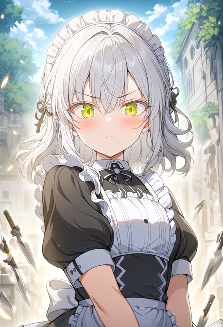 ybyg,1girl,  solo, maid headdress, maid, apron, short sleeves, dress, closed mouth, white apron, looking at viewer, maid apron, puffy short sleeves, frills, puffy sleeves, black dress, frilled apron, hair between eyes, outdoors, blush, throwing knives, knives, serious face, upper body, masterpiece, best quality, very aesthetic, absurdres