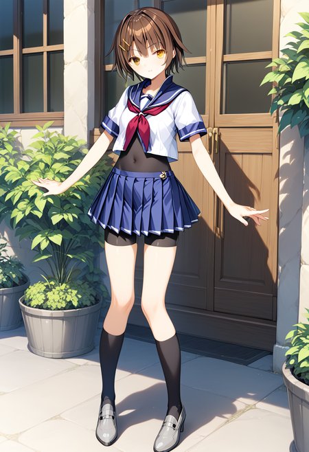 standing, full body, <lora:KC_03HC_furutaka_pony:1>furutaka-kc, brown hair, short hair, brown eyes, yellow eyes, heterochromia,
 furutakadef-kc, sailor_collar_red_neckerchief_navel, white serafuku, blue sailor collar, red neckerchief, navel, blue skirt, grey footwear, black bodysuit, bike shorts, black socks, thighs, zettai ryouiki,, score_9,score_8_up, score_7_up, source_anime, masterpiece, best quality,  official art, official style, game cg, megami magazine, rating_safe, rating_questionable, <lora:Fixhands_anime_bdsqlsz_V1:0.75>,