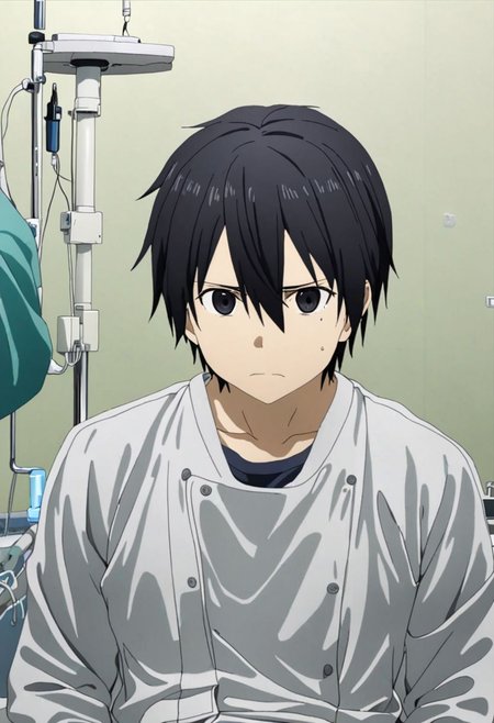 high resolution, professional photography, best quality, 1Boy, Kirigaya Kazuto, Black Hair, Black Eyes, overalldetail, operating room, sick, helpless, patient, hospital