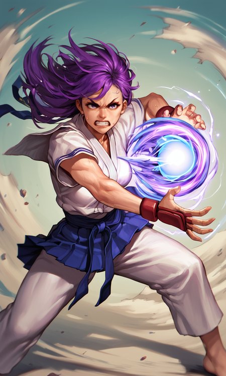 score_9_up, score_8_up, score_7_up BREAK,  <lora:Hadouken:1> <lora:Balak_Style:0.7> Hadouken, kikoken, ((long purple hair)), fireball, energy ball, charging, woman, sweating, martial arts, school uniform, clenched teeth, fighting, energy, shockwave, colorful, action shot