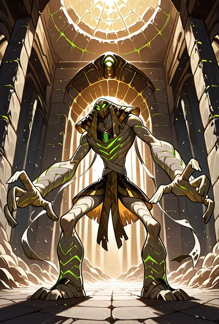 <lora:snareoh-07:1> snareoh, solo, male focus, no humans, 1boy, glowing eyes, green eyes, brown helmet, monster, mask, egyptian clothes,mummy bandages, mummy, massive hands,  Cartoon, dynamic pose, inside egytpian temple, acient ruins,, masterpiece, best quality, amazing quality, very aesthetic, absurdres, newest,