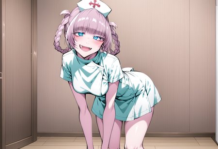 nanakusa_nazuna_xl, nanakusa nazuna \(yofukashi no uta\), anime image of a nurse in a short dress bending over, 1girl, hat, hair rings, solo, dress, nurse cap, blue eyes, leaning forward, looking at viewer, open mouth, smile, nurse, braid, fang, breasts, blunt bangs, bangs,
best quality, (masterpiece:1.2), highly detailed, from side, hand on own hip, 
<lora:nanakua_nazuna_xl:1.5>