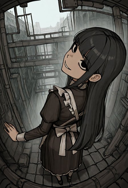 1girl, solo, black hair, long hair, blunt bangs, black eyes, maid, dress, maid apron, crazy, looking back, looking at viewer, outdoors, detailed background, fisheye, perspective, from above, very awa, masterpiece, best quality, year 2024, newest, highres, absurdres