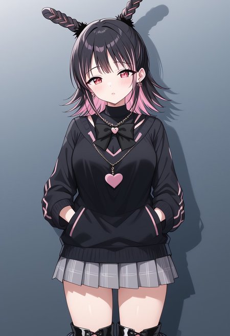 Score_9, Score_8, Score_7,Source_anime,
BREAK
1girl: <lora:usami shiima100-v:2>,usami shiima,medium hair,Tall, slender, black hair, pink hair,multicolored hair,Pink highlights,red eyes,(Shiima braids:1.4),fluffy black scrunchies, medium breasts
BREAK
half body,Black sweater, large pink stitching on each sleeve, two lower pockets adorned with stuffed bunnies,
Pink shirt, black bow,Bunny-shaped earrings, gray skirt, black boots, fluffy boots.