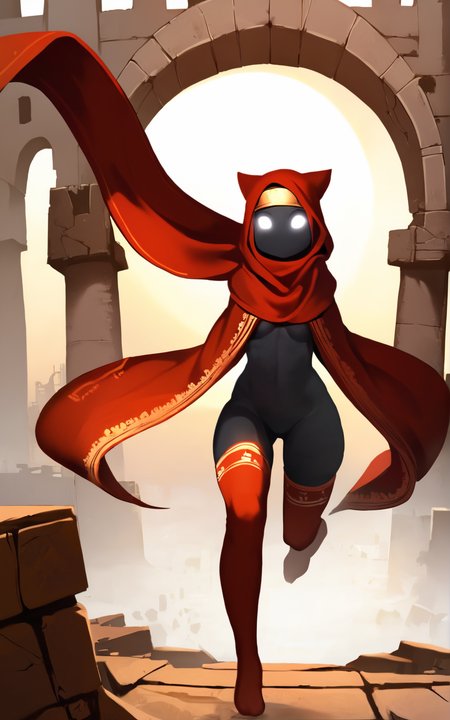 score_9, score_8_up, score_7_up,((best quality)), absurdres, <lora:3d-2d:0.8>, <lora:TravelerSDXL:0.8>,TravelerSDXL,hooded cloak,hood,hood up, white eyes,robe, black skin,blank eyes,red thighhighs,no mouth,tall,ofuda,((scarf)),featureless feet, dessert, ruins,sun,headband, golden headband,running, action pose