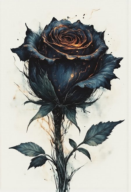 Masterpiece, best quality, still scene,The focus is on a abstract, modern style. burning black rose , black fire rose, minimal contrast, black and white ,