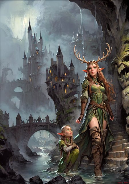 score_9,score_8_up, score_8, 
underground city,  cave, earth bridge, castle, towers, water dripping from stalactite, 
1girl, elf, druid, long hair, brown hair, green eyes, pointy ears, elf, antlers, freckles, thighhighs, gloves, boots, fingerless gloves, thigh boots, brown footwear, green dress, parted lips, looking away,
 <lora:Expressive_H:0.5>  <lora:Dungeons_and_Dragons_Art_Style:1>
