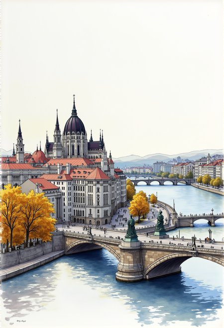 Budapest, including the Banks of the Danube, the Buda Castle Quarter and Andrássy Avenue , fine black ink sketch + vivid glossy watercolor, high quality,  professional, 
award-winning, highly detailed, precise, accurate, (style of Aleksi Briclot:1.3)