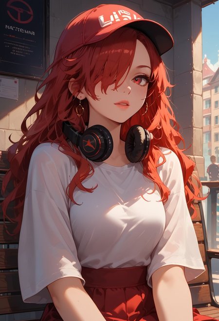 score_9, score_8_up, score_7_up, score_6_up, 
girl, perfect face, headphones,cap,sitting a bench,training wear,(ultra detailed perfect piece:1.2), illustration, masterpiece, (extremely detailed CG 8k), (very fine 8K CG),(1girl:1.2), (red hair), middle hair, wavy hair, hair over one eye, sparkling, red eyes,