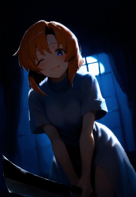 1girl, solo, ryuuguu rena, lips, looking at viewer, blush, wink, smile, (;q:0.8), holding weapon, nata \(tool\) hashitsuki nata, leaning forward, cowboy shot, from below,dutch angle, backlighting, dark, night, moonlight, indoors, curtains, window, masterpiece, best quality, very aesthetic, 