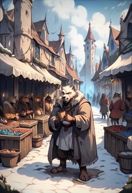 score_9, score_8_up, score_7_up, perfecteyes, anthro bear,  square,  market, glowing,  male 30-40 years old,winter, winter clothes,long coat, brutality, jewellery, fantasy,Vintage,