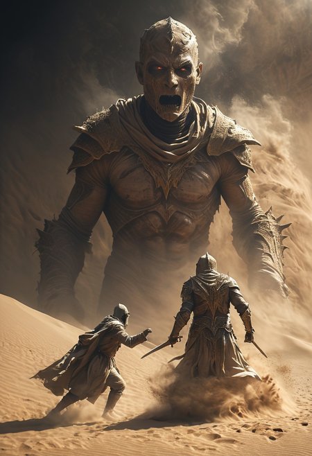 very dark focused flash photo, amazing quality, masterpiece, best quality, hyper detailed, ultra detailed, UHD, perfect anatomy, portrait, dof, hyper-realism, majestic, awesome, inspiring,Capture the thrilling showdown between the ancient mummy and the colossal sand boss in an epic battle amidst swirling dust and desert sands. Embrace the action and chaos as these formidable forces clash in the heart of the dunes. cinematic composition, soft shadows, national geographic style