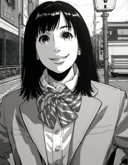 score_9, score_8_up, score_7_up,score_6_up,close-up,high resolution,mtskyamd,monochrome,greyscale,1girl, black hair,long hair,bangs,smile,school uniform,jacket,bowtie,volumetric lighting,rim lighting,dof,dramatic shadow,looking at viewer,standing,in street,hand on hips, j0j0styl3