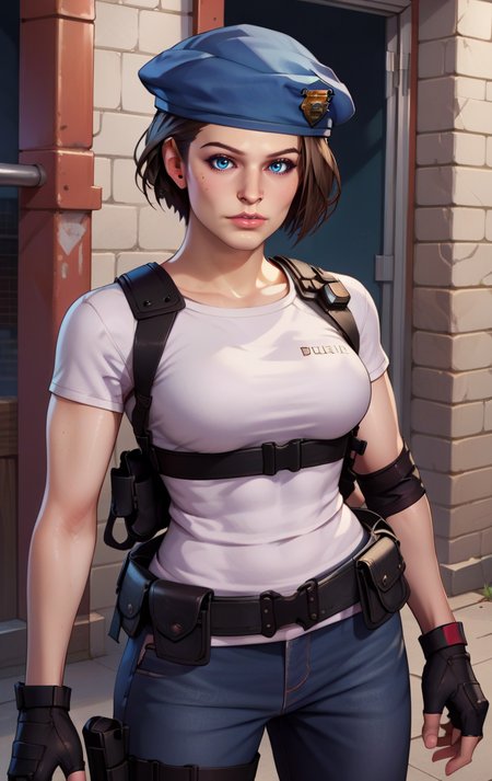score_9, score_8_up, score_7_up, BREAK <lora:jillSDXL:1> jillvalentineSDXL, 1girl, solo, looking at viewer, short hair, blue eyes, chestnut hair, shirt, gloves, hat, standing, white shirt,short sleeves, black gloves, belt, pants, realistic, fingerless gloves,  lips,  beret, denim, white t-shirt, ,blue headwear, pouch, jeans, nose, blue pants, holster, harness, walkie-talkie, jill valentine