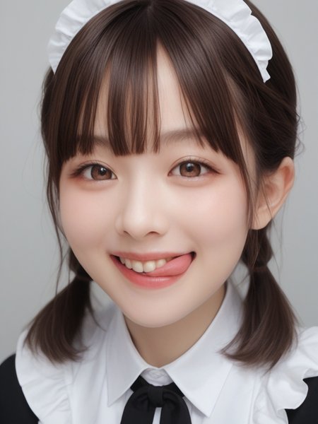 score_9, score_8_up, score_7_up, high quality, masterpiece,
Hight detail RAW color photo, professional photograph, 
Cinematic Light, (Composition from the chest up),
japanese girl with Pigtails hair, cute idol, Brown eyes, evil grin,
She is wearing a maid outfit with frills,
side tongue,peromilk <lora:peromilk:0.7>