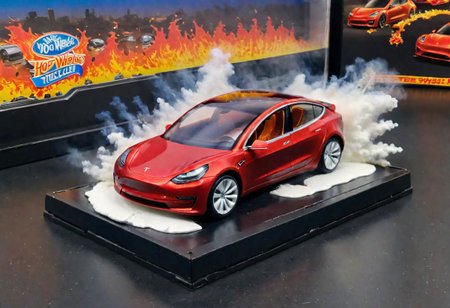 Hot Wheels toy car company have made a toy car version of a Tesla Model 3, The toy telsa model 3 car comes in a mini display unit/box. The car is exploding into fire and flames, white smoke fills the top of the display box, (realistic explosion from car), (realistic Flames bellow from the car windows inside the display unit),  (standing next to the car is a little palstic toy man, he holds both arms in the air,