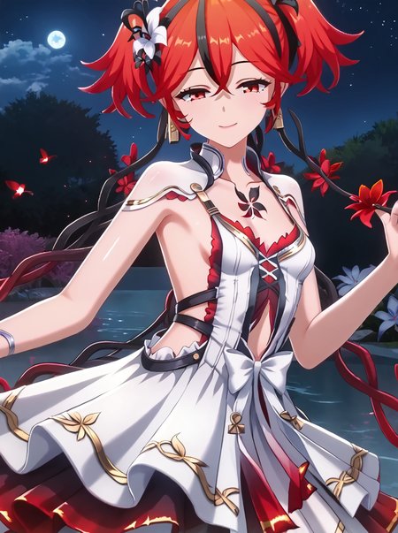 detailed background, shiny skin, rating safe,
<lora:camellya.pony:1.0>,
camellya, red hair,  red eyes, 
smirk, half-closed eyes,
night, dark, flower,