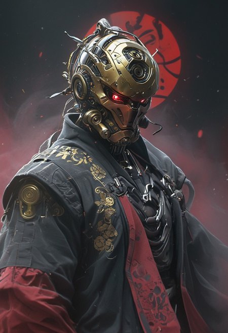 Create a extrahart, mystical, and high-resolution image of an busty female anthropomorphic a humanoid robot with intricate mechanical components named c3po. The character should be depicted in a manga cover style with wealthy portraiture and poster art elements. The image should feature rich colors and high contrast, focusing on the best quality, official art, and a beautiful and aesthetic appearance. Include fractal art elements and a colorful background with a splash of color. Use a movie perspective and an advertising style, similar to a magazine cover. C3po samurai should be shown solo, wearing Japanese clothes and armor, holding a sheathed katana, and standing in a cowboy shot pose. The robot should have neon green and yellow hip-hop clothes, tattoos, muscular abs, shoulder armor, and a metallic flowers in the background. Emphasize a samurai theme with a black and red background and starwars elements.