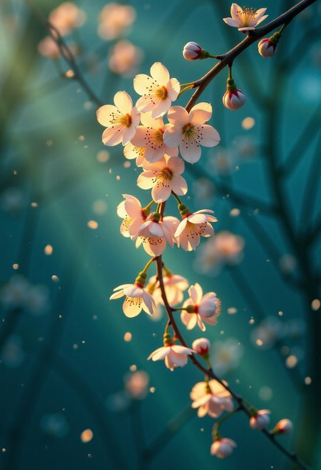 Photorealistic macro photography, capturing swirling, luminous forms reminiscent of a lava lamp, but composed of blooming cherry blossoms. The blossoms cascade through a deep indigo and emerald green environment, illuminated by soft, diffused golden light. Delicate petals drift and intertwine, creating a sense of tranquil motion and otherworldly beauty. The composition utilizes the rule of thirds, with a shallow depth of field emphasizing the foreground blossoms against a softly blurred background, evoking a dreamy, nostalgic atmosphere.  light from below style, light from below, Underlighting