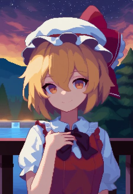 <lora:pixel_art:1>,1girl,black_bowtie,blonde_hair,closed_mouth,cloud,collared_shirt,commentary,crystal,dawn,flandre_scarlet,forest,frilled_shirt_collar,glowing_wings,hair_between_eyes,hand_on_own_chest,hat_ribbon,highres,lake,mob_cap,mountain,night_sky,orange_eyes,outdoors,pixel_art,railing,red_ribbon,red_vest,scenery,short_hair,smile,solo,starry_sky,tree,upper_body,water,white_hat,white_shirt,