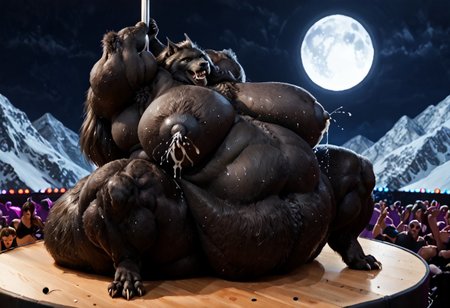 score 9, score 8, score 7, score 6, 1male, hyper muscular morbidly obese furry male, huge furry breasts, huge furry belly, solo, black fur, animal ears, yellow eyes, sharp teeth, claws, werewolf, lactating, huge nipples, digitigrade, tall mountainous muscular back, hyper huge fat ass against a dance pole, huge abdominals, enormously immobile muscular werewolf, sweat, furry male, hyper muscular arms, hyper muscular legs, full moon, stage, rave scene