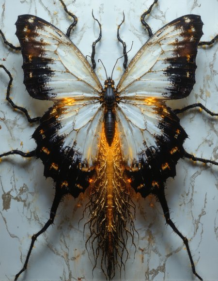 A hyper-detailed, biomechanical butterfly with wings that appear almost porcelain-like, transitioning from a pure, ghostly white at the center to inky black at the tips, adorned with fine, golden veins that glow faintly. The insect’s thorax and lower body morph into an intricate mass of elongated, sinewy tendrils resembling neural pathways or delicate roots, cascading downward into an abyss of darkness. The background consists of an ethereal, almost liquid expanse of swirling white and gray textures, resembling flowing marble or organic tissue, infused with an enigmatic, glowing energy. The butterfly exudes an eerie yet mesmerizing presence, as if it is a celestial being suspended between worlds, both fragile and powerful in its surreal elegance.
 <lora:FluxDFaeTasticDetails:0.25> <lora:fechin-FLUX:0.75>