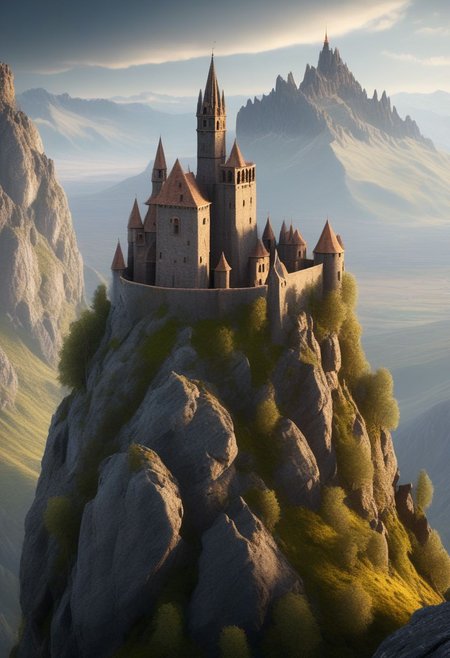 castle on a (rock spire), mountain in background, best quality, masterpiece, illustration, realistic, photo-realistic, amazing, finely detail, incredibly absurdres, huge filesize, ultra-detailed, highres, extremely detailed CG unity 8k wallpaper