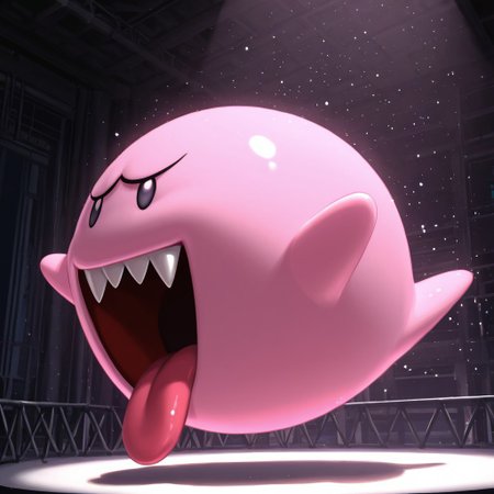 2d, solo, Boo, red boo, feral, Ghost, Ball ghost, pink body, legless, featureless hands, black eyes, no sclera, sharp teeth, open mouth, tongue out, 
BREAK full body, indoors, inside, dark environment, stage, spotlight, light particles, floating
BREAK best quality, amazing quality, very aesthetic, absurdres, newest, masterpiece, high quality