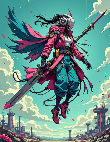 1girl (sci-fi clothes) with GIGANTIC SWORD,  Style: Surreal, futuristic, and high-fashion Scene: A striking Balenciaga model is captured mid-jump, suspended in mid-air as if defying gravity <lora:ck-nc-pastel-cyberpunk:1> A digital artwork in the style of cknc,