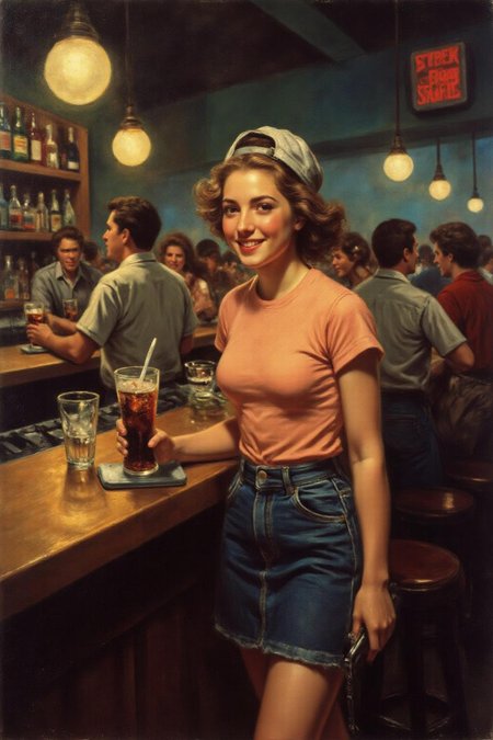 jore1 gainsbo1 painting. 
The air buzzes with the energy of a busy bar, a mix of music, conversation, and the clinking of glasses. A barmaid, the embodiment of youthful vibrancy, navigates the lively scene. She wears a peach-coloured T-shirt, the soft fabric contrasting with the smooth, cold glass of coke she carries on a small tablet. Her short skirt adds a playful touch, and a backwards baseball cap hints at a carefree attitude. The setting and atmosphere are palpable: the warm, slightly sticky surface of the bar counter under her fingertips, the dim, colourful lighting that casts playful shadows. Sensory details are abundant: the condensation forming on the glass of coke, the texture of her denim skirt, and the way the bar lights catch the highlights in her hair. Her confident stride, her quick smile, and her efficient movements. Stylistically, the image draws inspiration from the vibrant, candid shots of nightlife photographers, with a touch of the stylized realism found in contemporary illustration. There's a deliberate contrast between the barmaid's youthful energy and the slightly worn, lived-in atmosphere of the bar, creating a dynamic and engaging image.  
 <lora:jore1_cap_d6a3e12:1.0><lora:818388847256746238:0>