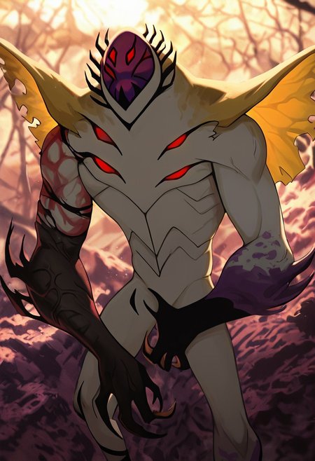 masterpiece, best quality, amazing quality, very aesthetic, absurdres, newest,, detailed background, 
highbreed, extra eyes, solo, alien, white skin, purple face, , monster, red eyes, black hands, , claws, black head spikes, 
massive arms, uneven muscle growth, mutating, ripped flesh , purple arm, yellow wings,