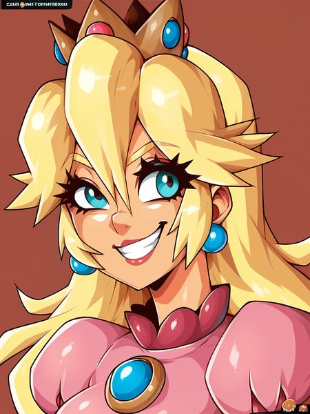 score_9, score_8_up, score_7_up, score_6_up, score_5_up, WitchK1ng, highres, red background, solo, 1girl, princess peach, grin, portrait,  <lora:WitchkingStyle-05:1>