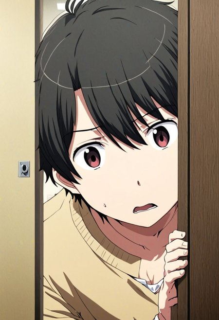 high resolution, solo, best quality, 1Boy, Inaho Kaizuka, Black Hair, surprised, peeking out, OverallDetail