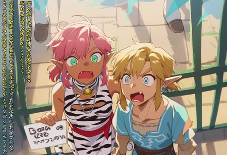 score_9, score_8_up, score_7_up, score_6_up, Masterpiece, source_anime screenshot, duo, 1 girl, 1 boy, vivid colors, full color, shiny and glossy, anime style, high-res, beautiful aesthetic, very intricate, high-quality details, vibrant, highly detailed, award-winning, professional, <lora:pink-ponyxl-v2:1>, 1 girl, single fang showing, sleeveless dress, white tiger print dress, pelvic curtain, cleavage, white cat ears, cat bell necklace, bright pink hair, tanned, white tiger tail, red sash, small breasts, leather shoes, detailed eyes, green eyes, detailed face, break, <lora:link:1> 1boy, link1, link, pointy ears, blonde hair, blue eyes, medium hair, side locks, earrings, short ponytail, blue hylian tunic, break, pink and link shouting, pink and link holding signs high above their heads, front view,