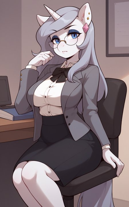 <lora:PlatinumDecree_XL_v1.1E-CAME-07:0.80> PlatinumDecree, NSFW, score_9_up, score_8_up, score_7_up, score_6_up, indoors, office, on chair, desk in background, facing viewer, staring at the viewer,  1girl, solo, anthro unicorn, animal ears, single horn, tail, (colored skin, white skin), blue eyes, light blue eyeshadow, long hair, blunt bangs, grey hair, makeup, eyeliner, pink diamond earring, gold earrings, large breasts, glasses,  office worker, white blouse, grey long skirt, open grey jacket, neutral expression,