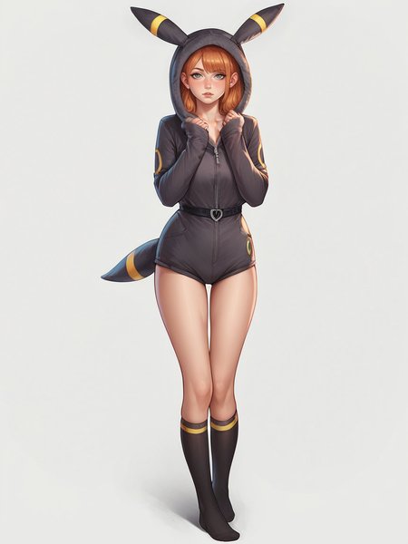 score_9, score_8_up, score_7_up, score_6_up, score_5_up, score_4_up, 1girl,  ginger hair, long hair, curvy, source_anime, ears, hood up, onesie, tail, knee high socks,  umbr30n, <lora:umbr30nXLP:0.6> full body,
