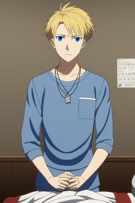 high resolution, solo, best quality, 1Boy, Yamato Ishida, Blond Hair, Blue Eyes, Necklace, sick, bandage, helpless, patient, hospital, infusion, OverallDetail