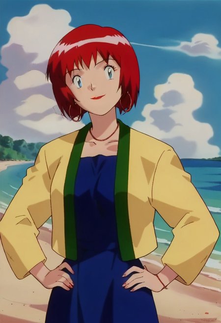 score_9, score_8_up, score_7_up, 1girl, solo, beautiful, 
source_anime, retro_artstyle
looking at viewer, hands on hips, head tilt, outside, beach, sand, skies, clouds, standing, smiling, upper body, cowboy shot,
PKMNLuana, 1girl, red hair, short hair, blue eyes, makeup, lipstick, hoop earrings
yellow jacket, blue dress