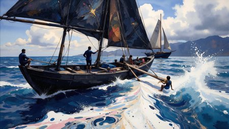 Surrealism themed artwork depicting black-toned Bangladeshi blue sailing dinghy on a stormy ocean, futuristic, intricate white and pink filigree, damaged, billowing bright dust, very detailed. The overall feel of the image is of clarity and balanced space, with distorted people and items interacting in unusual ways. Additionally the image incorporates elements of mixed media including flowing lines drawn with fine pens and appliqued silverleaf. The general effect is of elaborate surreal and absurdist elements interacting with each other to produce timeless fine art elegance. <lora:Paper_Marbling_Flux:0.5> <lora:Eldritch_Watercolor_for_Flux:0.5> <lora:midjourney_whisper_chromaplex_v1:0.4> <lora:Eldritch_Paint_Sketch_for_Flux_1.0.5:0.4> <lora:FLUX.1-DEV_-_Decadence_Art_style_LoRA:0.5>