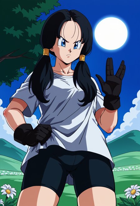 score_9, score_8_up, score_7_up, BREAK <lora:videl:0.8> 1girl, solo, long hair, looking at viewer, blue eyes, black hair, gloves, twintails, eyelashes, frown, black gloves,cowboy shot, street background, from below ,field scenery,flowers,sun, shirt,bike shorts, vulcansalute hand gesture<lora:VulcansalutePonyV1-000035>