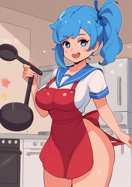 1girl, huge breast, , :d, apron, blue eyes, blue hair, blue ribbon, blue sailor collar, frying pan, hair ribbon, holding, holding frying pan, indoors, kitchen, kitchen hood, looking at viewer, open mouth, red apron, ribbon, sailor collar, school uniform, short hair, short sleeves, side ponytail, smile, solo, wrist ribbon, zPDXL3   <lora:Tiaradraws:1>