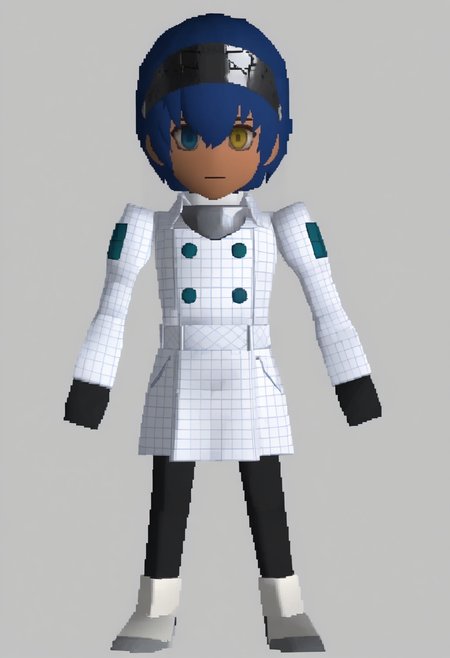 masterpiece, best quality, solo, 1boy, looking at viewer,  <lora:FF7-Chibi-illus_Fp:1>, full body, simple background, 3d, chibi,  <lora:ProtagonistMR-illu:1>, dfProtag, blue hair, short hair, hair between eyes, black visor \(armor\), heterochromia, yellow eyes, blue eyes, dark-skinned male, plaid coat, collared coat, white turtleneck, long sleeves, double-breasted, black gloves, black leggings,