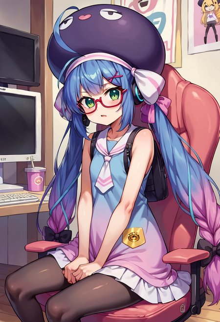 score_9, score_8_up, score_7_up, source_anime, BREAK
<lora:OtomachiUna_MMD_Pony_V1:0.85>Otomachi_Una, green eyes, gradient hair, blue hair, pink hair, very long hair, twin braids, black hair bow, hairclip, large ahoge, x hair ornament, sidelocks,
large hat,  purple hat, hat bow,
red-framed eyewear, under-rim eyewear,
short dress, sleeveless dress, frilled dress, randsare,
pantyhose, white footwear, shoes,
(cowboy shot), cute, kawaii, ((Petite)), (ftame out hat),(sitting on a chair), @_@,name tag,
Streamer room, gaming chair, gaming PC, game equipment, controller, TV monitor, PC monitor, headphones, headset, anime poster, game poster,