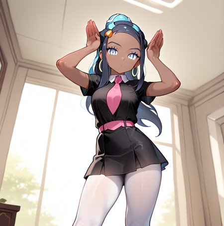 <lora:amyoutfit_illustrious:0.8>,  (masterpiece), (best quality), (ultra-detailed), amazing quality, very aesthetic, illustration, perfect composition, intricate details, absurdres, incredibly absurdres, arsonicxoutift, black dress, short dress, white pantyhose, pink necktie, pink sash, short sleeves, outside, pink boots,  1girl, solo,   nessa from pokemon,  <lora:AsuraLycoXL:1>, dark skinned female, looking at viewer, indoors, sexy pose,