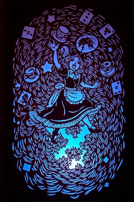 papercut art.
sculpture of
Alice in Wonderland falling into the rabbit hole, with her legs dangling beneath her. She is looking upward, her face filled with shock and terror as she screams. Her blue dress and white apron billow out around her as she tumbles, while her striped stockings and black shoes are visible below. The rabbit hole is a swirling, chaotic mix of vibrant colors, playing cards, teacups, and other Wonderland objects floating around her. Soft glowing light emanates from the tunnel walls, adding an eerie, fantastical feel to the scene. The sense of motion and fear is palpable as Alice falls deeper into the unknown.  <lora:papercut1_cap_d6a3e12:1.0><lora:823261298675573363:0>