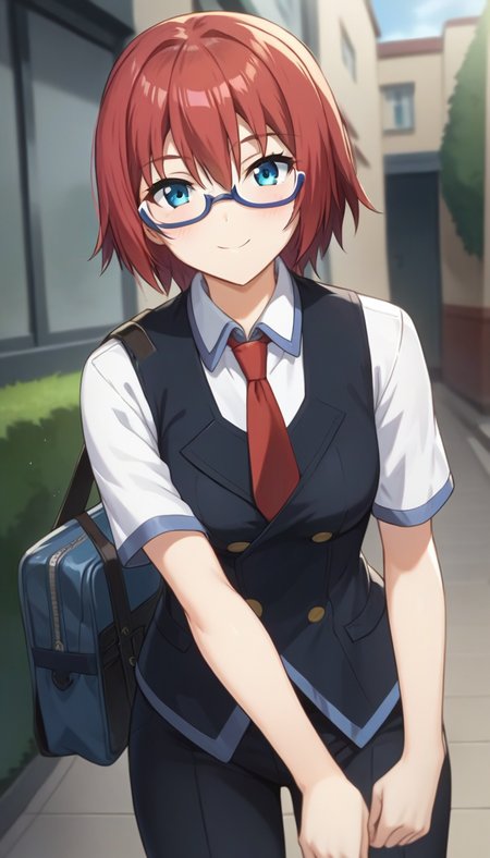 score_9,score_8_up,score_7_up,score_6_up BREAK official art,solo,outdoors,cowboy shot,looking at viewer,facing viewer,smile,blush,Misaki Raika,short hair,red hair,hair between eyes,bangs,blue eyes,semi-rimless_eyewear,school uniform,black vest,red necktie,white shirt,collared shirt,short sleeves,medium breasts,black pants,loafers,<lora:Misaki Raika(rt~ascc)-Pony:1.5>,