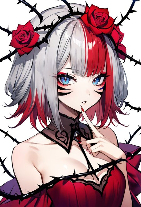 masterpiece, best quality, <lora:banpaiakiraXL_ANI31_lokr_V3236:0.95> 1girl, solo, flower, thorns, hair ornament, rose, white background, red nails, red flower, hair flower, red dress, looking at viewer, red rose, bare shoulders, simple background, blue eyes, parted lips, dress, index finger raised, bangs, grey hair, collarbone, upper body, makeup, red hair, detached collar, red eyeshadow, nail polish, facial mark, multicolored hair, red ribbon, virtual youtuber, ribbon, eyeshadow
