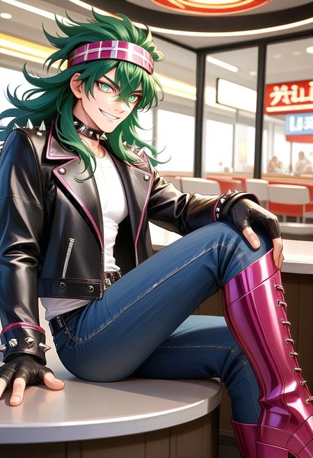 score_9, score_8_up, score_7_up, source_anime, 1boy, toned male, male focus, anshun, slim, long wavy green hair. FMW1, painterly, vibrant details, (gradient eyes:1.5), black leather jacket, studded jacket, white shirt, spiked choker, torn jeans, magenta headband, magenta boots, black fingerless gloves, sitting, indoors, diner, smile