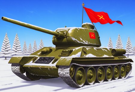 Graphic Design, color art, vibrant colors, colorful, intricate details, high contrast, detailed background, beautiful detailed, beautiful face, detailed eyes, detailed face, newest, new, t3485, no humans, vehicle focus, tank, military vehicle, snow, winter, flag, emblem,