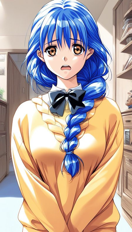 score_9, score_8_up, score_7_up, source_anime, rating_explicit, BREAK  <lora:Yasuda_Azumi_XL:1> Yasuda_Azumi, blue hair, long hair,  bangs, brown eyes, medium breasts,  braided ponytail,
headwear removed,  sad, v arms, open mouth,
Yellow sweater, long sleeves, shirt, argyle, black bow, 
home in the room, flooring, 
looking at viewer,